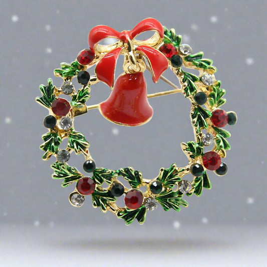 Christmas Wreath with Bell Brooch Pin